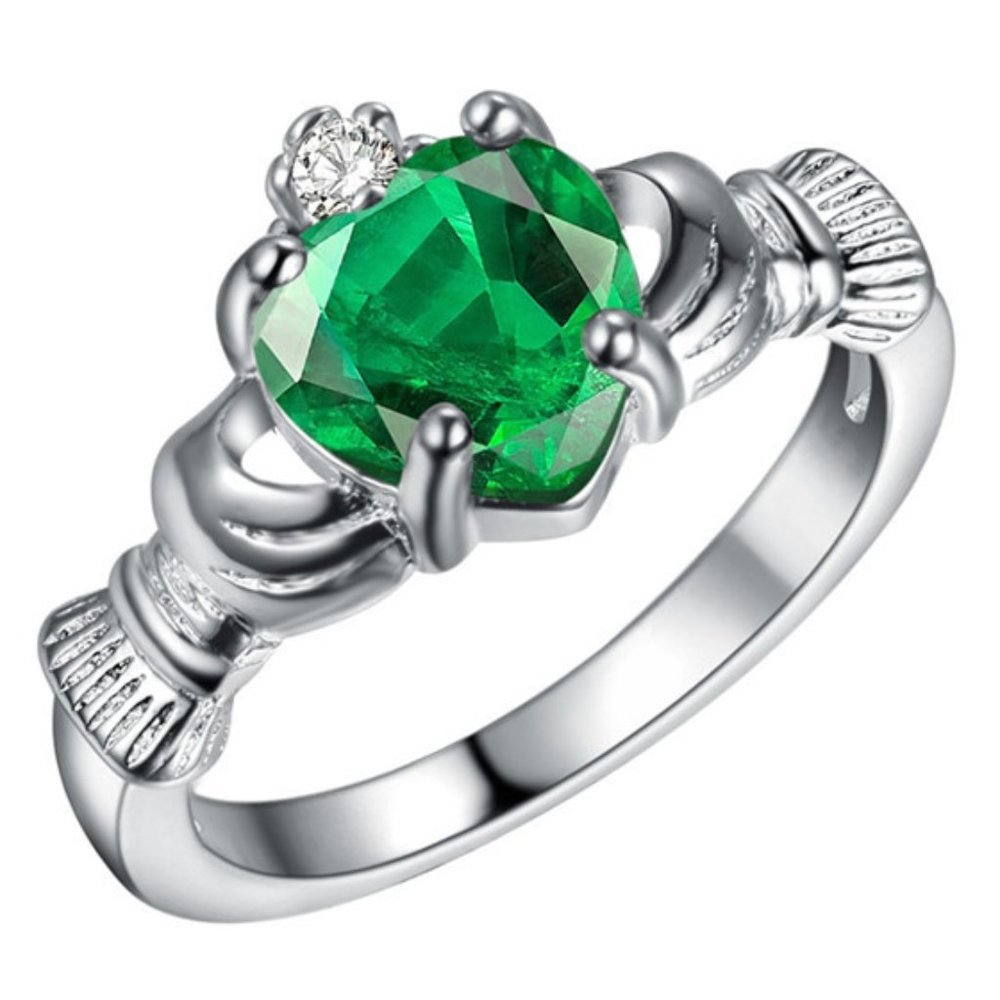 Green Emerald Crown Claddagh Silver Ring